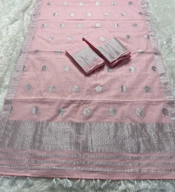 Ready-To-Wear Silver Jari Weaving Work Kesa Cotton* Mekhela Sador