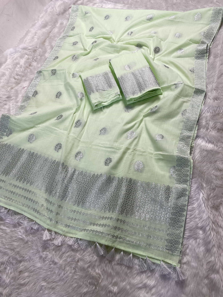 Ready-To-Wear Silver Jari Weaving Work Kesa Cotton* Mekhela Sador
