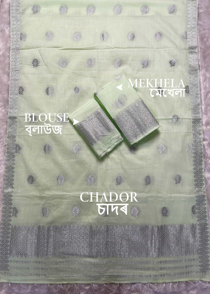 Ready-To-Wear Silver Jari Weaving Work Kesa Cotton* Mekhela Sador