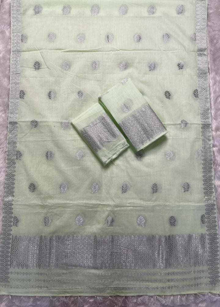 Ready-To-Wear Silver Jari Weaving Work Kesa Cotton* Mekhela Sador