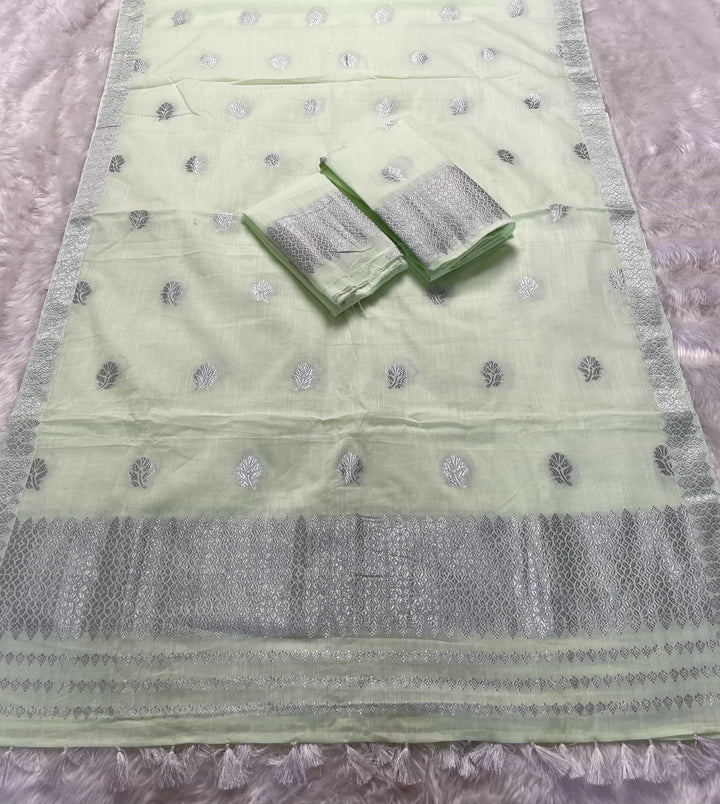 Ready-To-Wear Silver Jari Weaving Work Kesa Cotton* Mekhela Sador