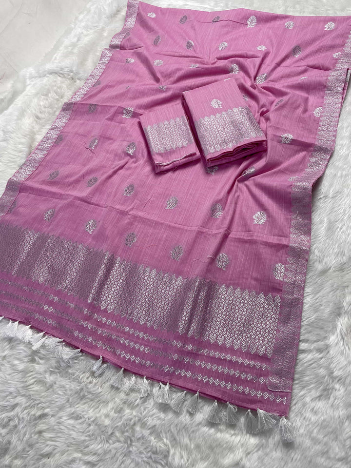 Ready-To-Wear Silver Jari Weaving Work Kesa Cotton* Mekhela Sador