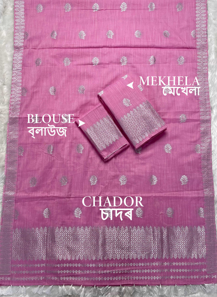 Ready-To-Wear Silver Jari Weaving Work Kesa Cotton* Mekhela Sador