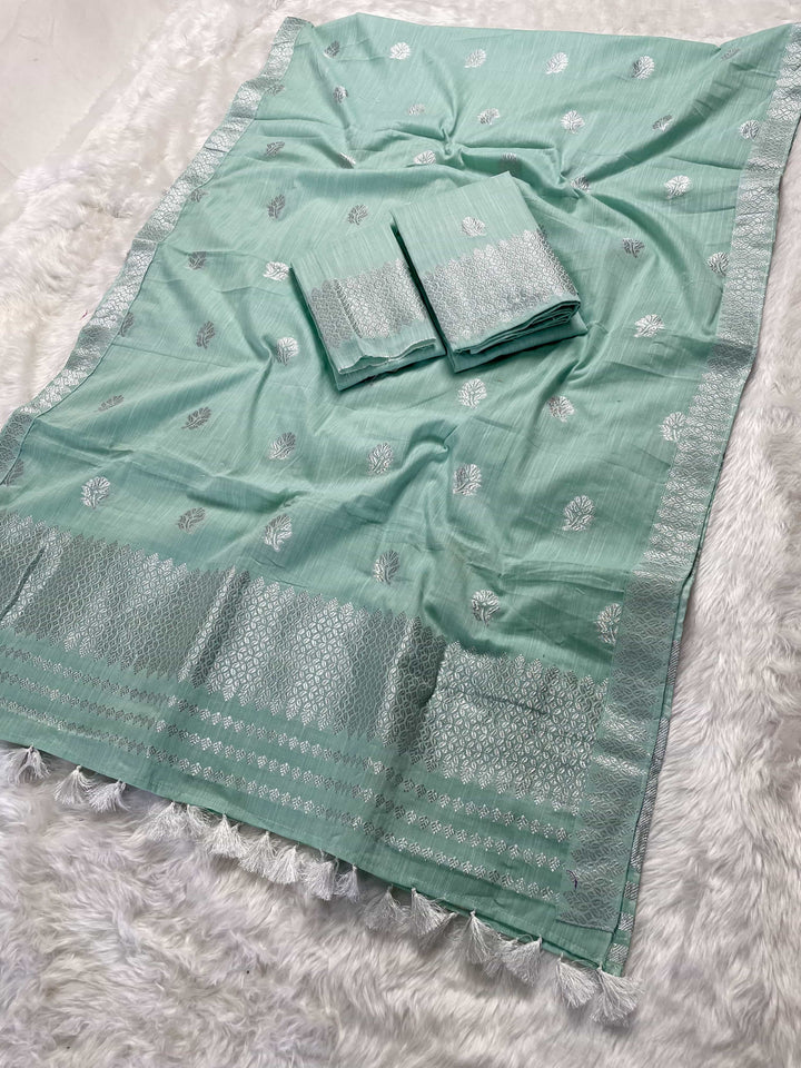 Ready-To-Wear Silver Jari Weaving Work Kesa Cotton* Mekhela Sador