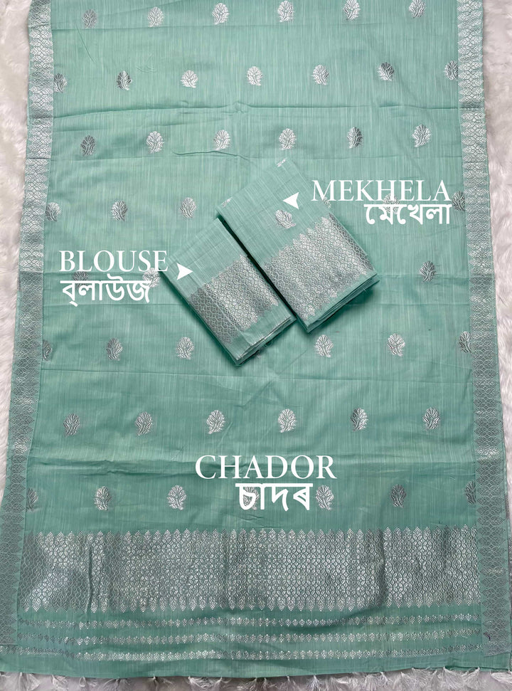 Ready-To-Wear Silver Jari Weaving Work Kesa Cotton* Mekhela Sador