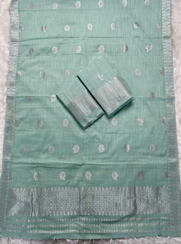 Ready-To-Wear Silver Jari Weaving Work Kesa Cotton* Mekhela Sador