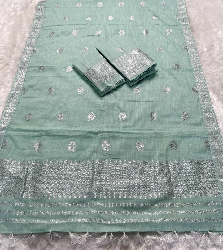 Ready-To-Wear Silver Jari Weaving Work Kesa Cotton* Mekhela Sador