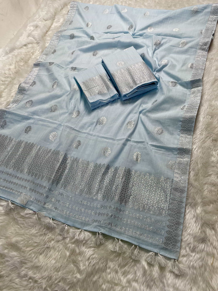 Ready-To-Wear Silver Jari Weaving Work Kesa Cotton* Mekhela Sador