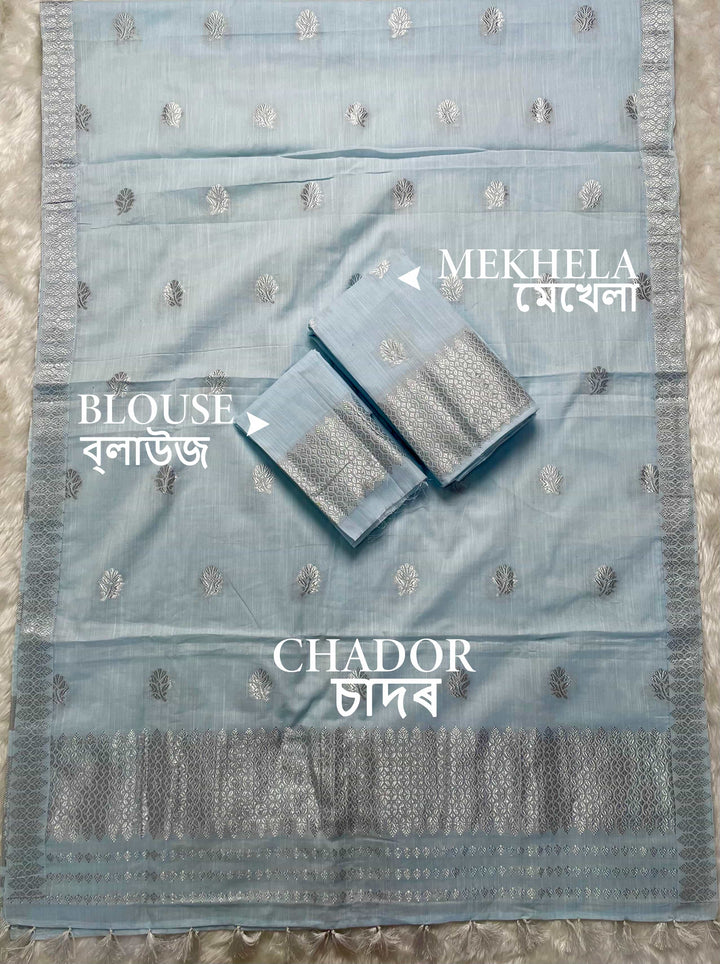 Ready-To-Wear Silver Jari Weaving Work Kesa Cotton* Mekhela Sador