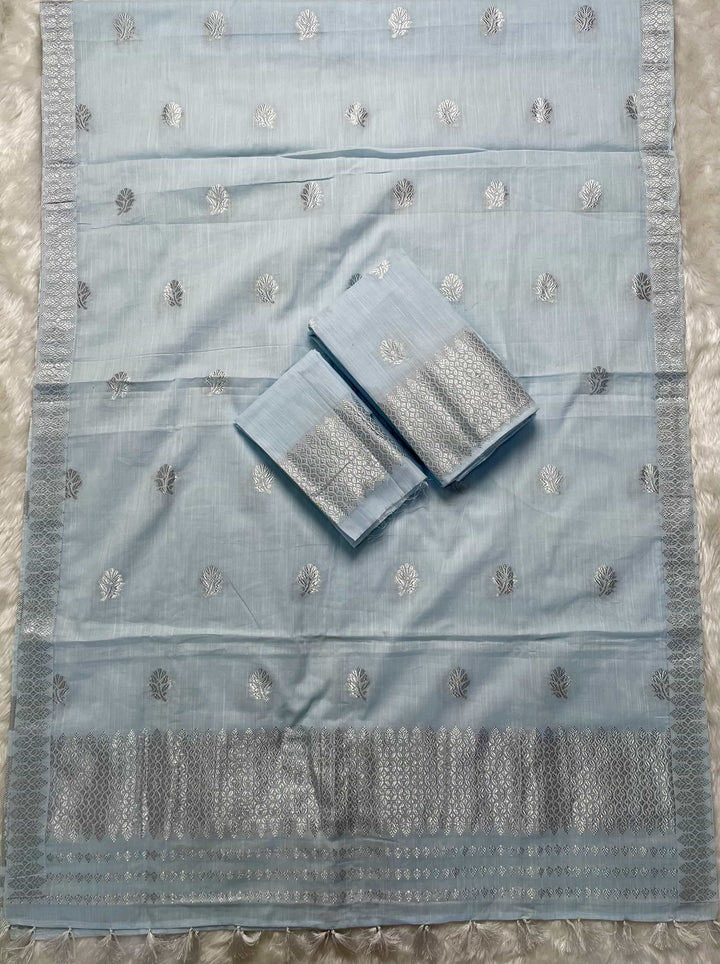 Ready-To-Wear Silver Jari Weaving Work Kesa Cotton* Mekhela Sador