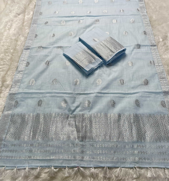 Ready-To-Wear Silver Jari Weaving Work Kesa Cotton* Mekhela Sador