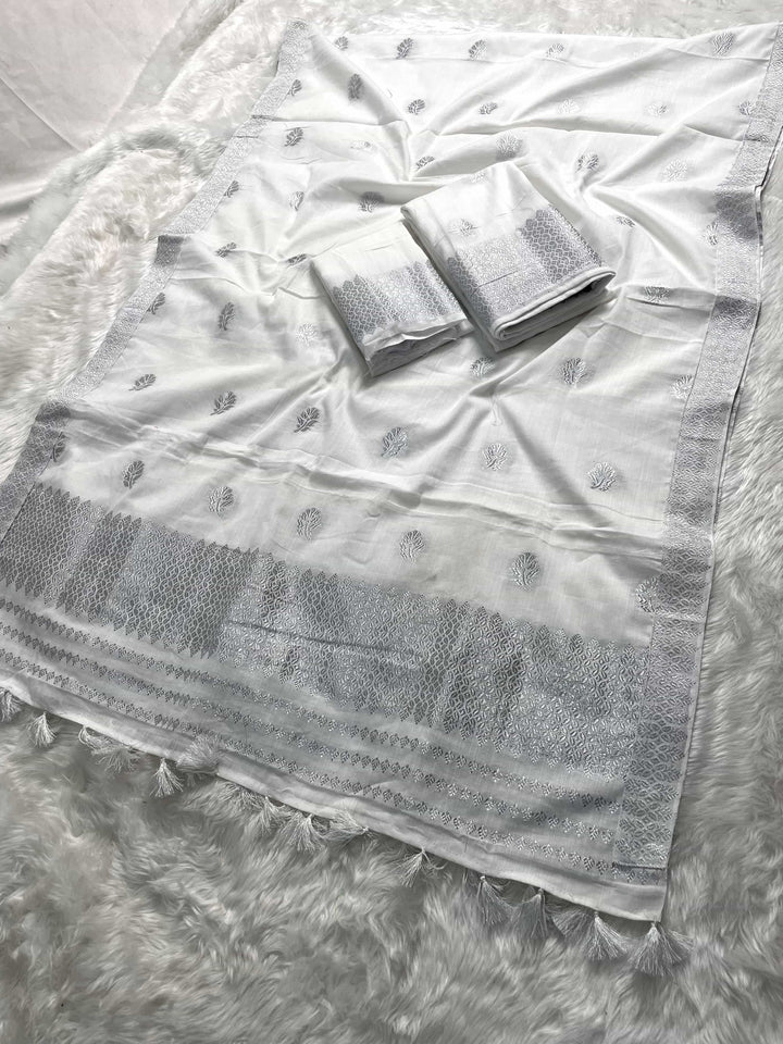 Ready-To-Wear Silver Jari Weaving Work Kesa Cotton* Mekhela Sador