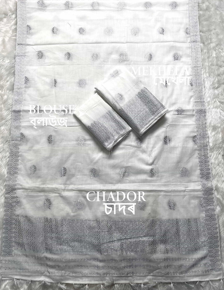 Ready-To-Wear Silver Jari Weaving Work Kesa Cotton* Mekhela Sador