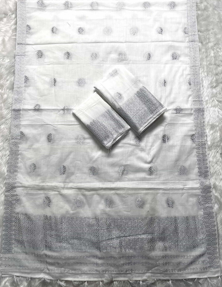 Ready-To-Wear Silver Jari Weaving Work Kesa Cotton* Mekhela Sador
