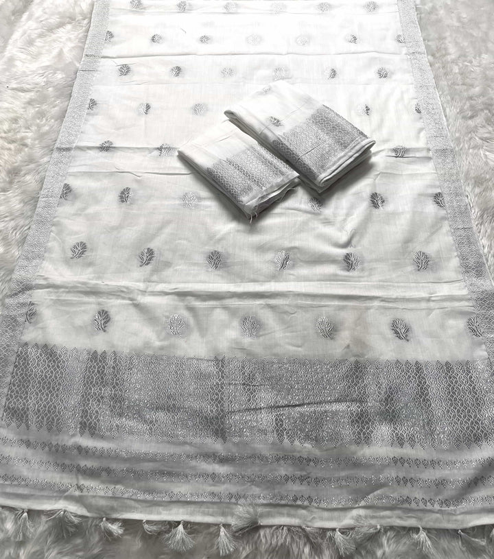 Ready-To-Wear Silver Jari Weaving Work Kesa Cotton* Mekhela Sador