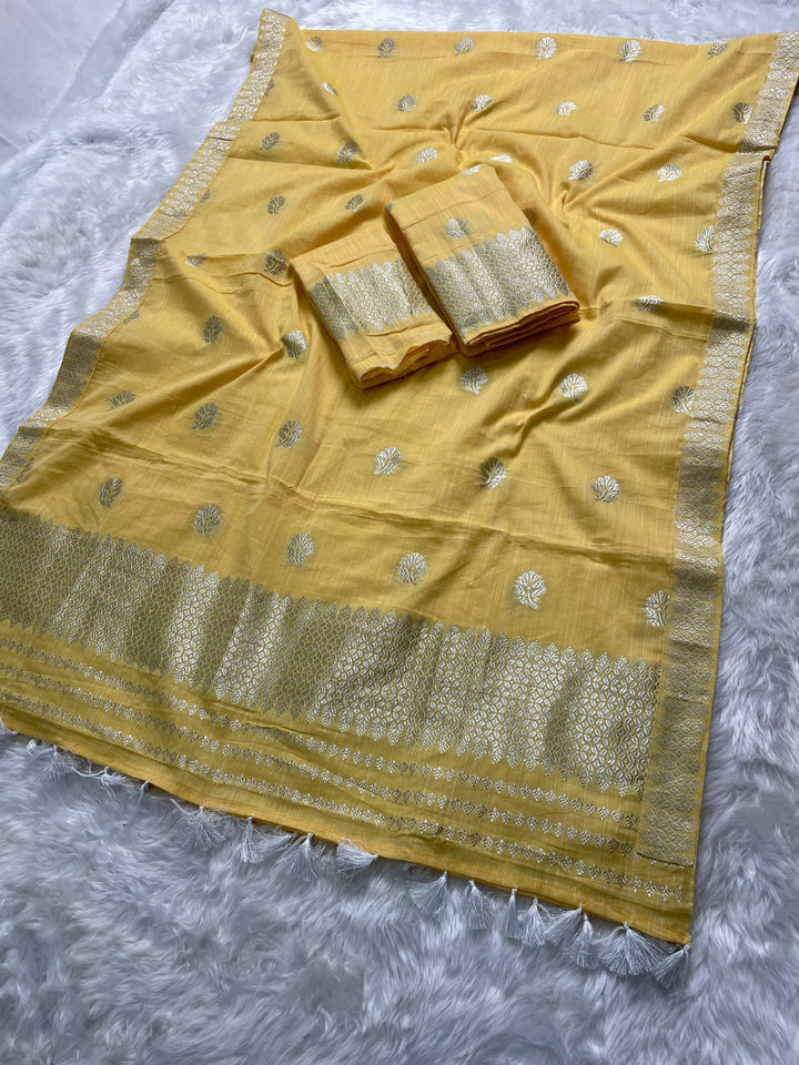 Ready-To-Wear Silver Jari Weaving Work Kesa Cotton* Mekhela Sador