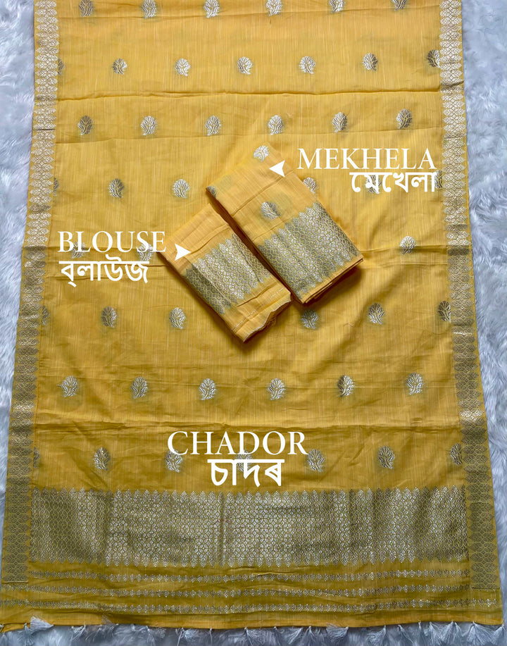 Ready-To-Wear Silver Jari Weaving Work Kesa Cotton* Mekhela Sador