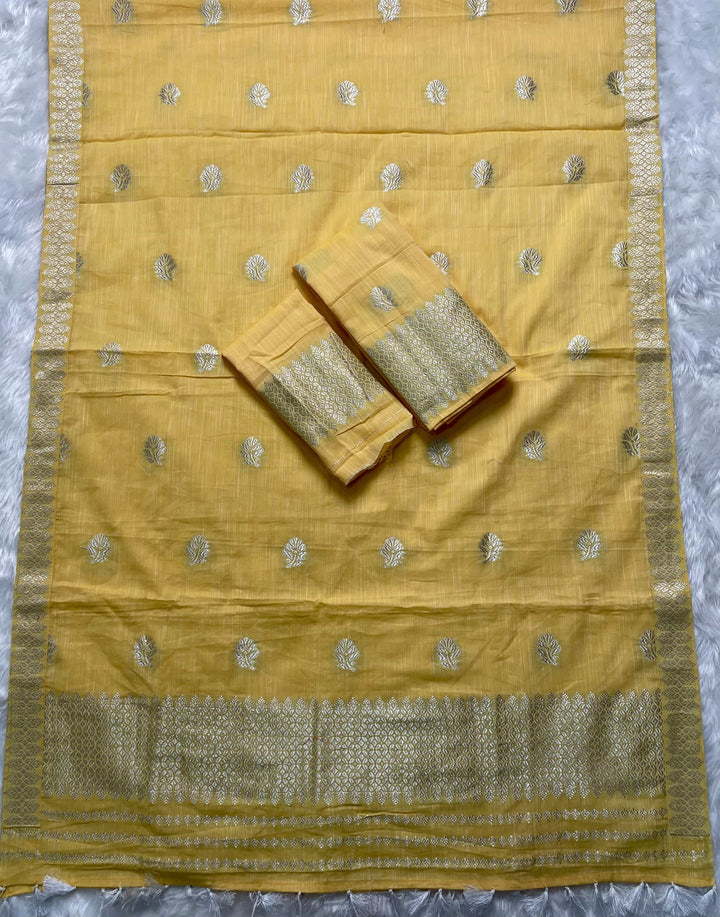 Ready-To-Wear Silver Jari Weaving Work Kesa Cotton* Mekhela Sador