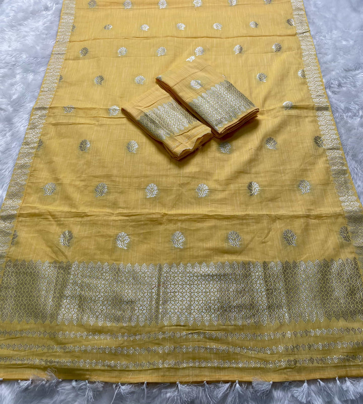 Ready-To-Wear Silver Jari Weaving Work Kesa Cotton* Mekhela Sador