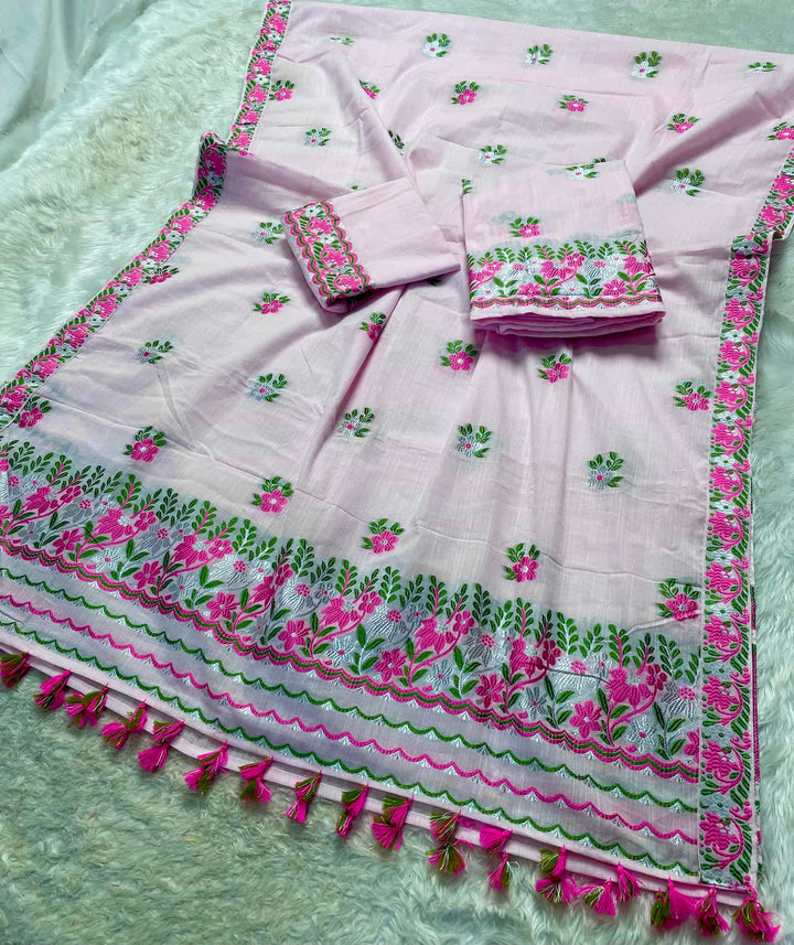 Ready-To-Wear Dhaga-Silver Jari Weaving Work Kesa Cotton* Mekhela Sador