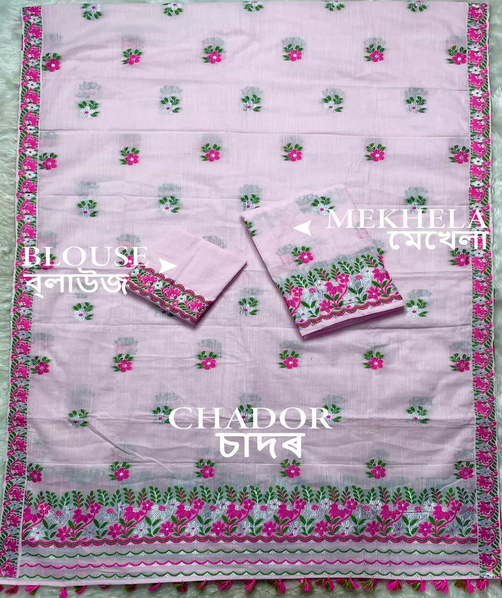 Ready-To-Wear Dhaga-Silver Jari Weaving Work Kesa Cotton* Mekhela Sador