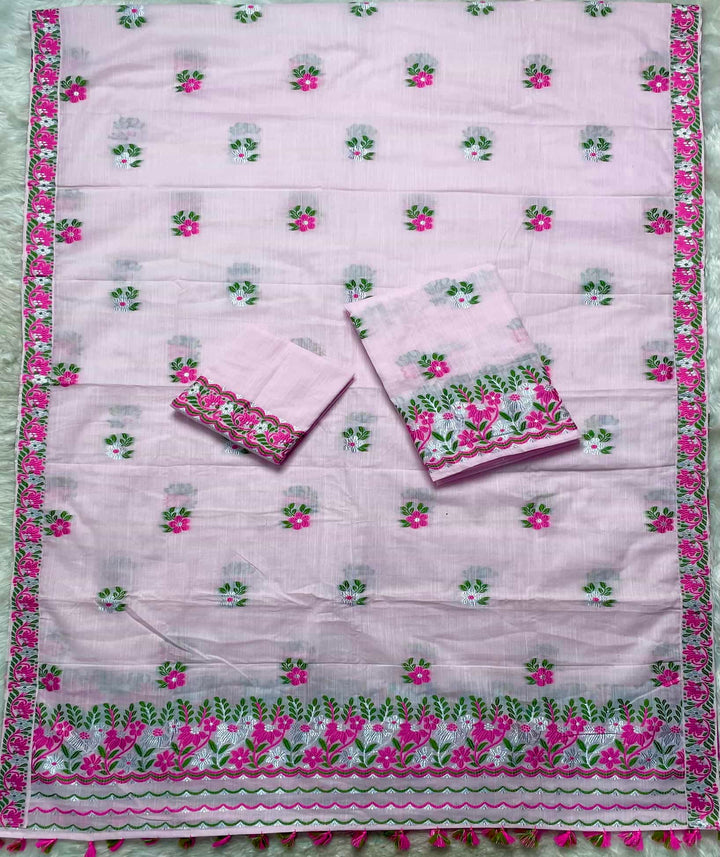 Ready-To-Wear Dhaga-Silver Jari Weaving Work Kesa Cotton* Mekhela Sador