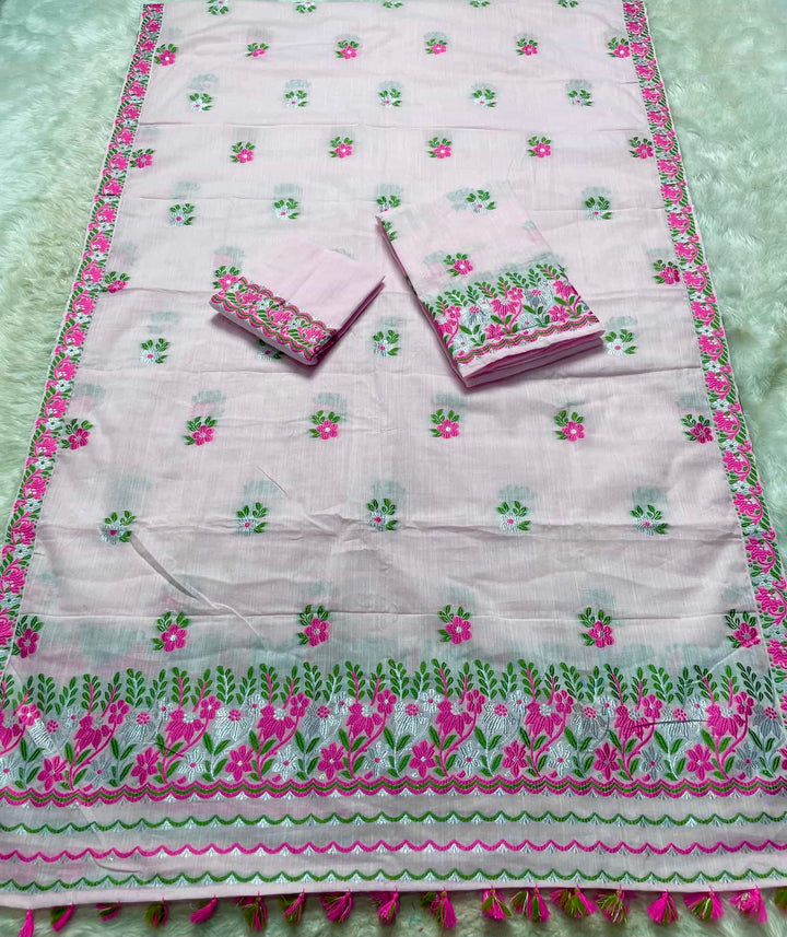Ready-To-Wear Dhaga-Silver Jari Weaving Work Kesa Cotton* Mekhela Sador