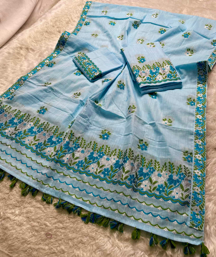 Ready-To-Wear Dhaga-Silver Jari Weaving Work Kesa Cotton* Mekhela Sador