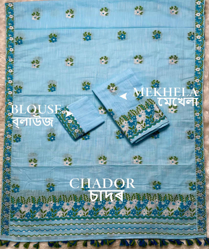 Ready-To-Wear Dhaga-Silver Jari Weaving Work Kesa Cotton* Mekhela Sador