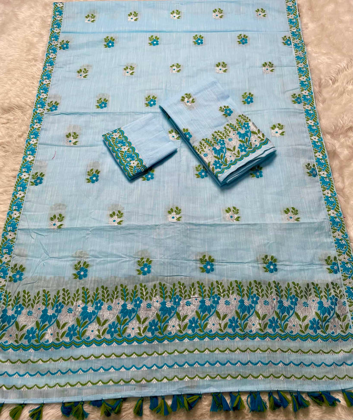 Ready-To-Wear Dhaga-Silver Jari Weaving Work Kesa Cotton* Mekhela Sador