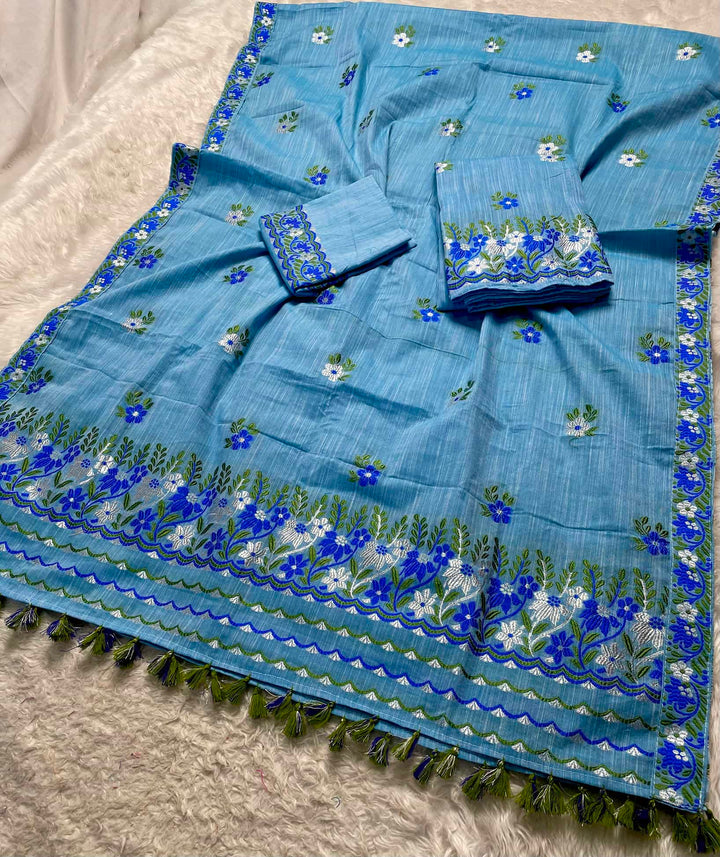 Ready-To-Wear Dhaga-Silver Jari Weaving Work Kesa Cotton* Mekhela Sador