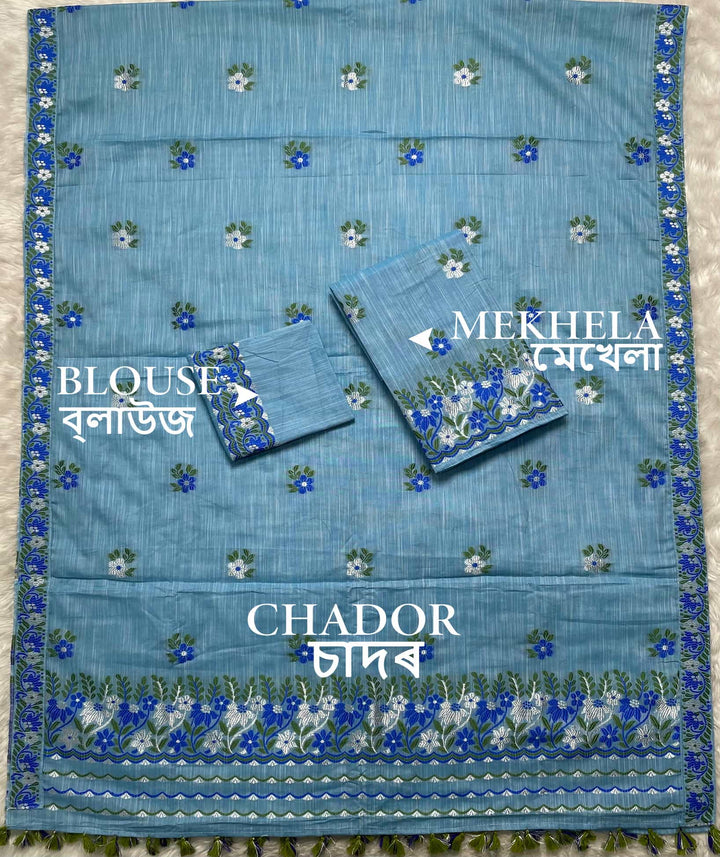 Ready-To-Wear Dhaga-Silver Jari Weaving Work Kesa Cotton* Mekhela Sador
