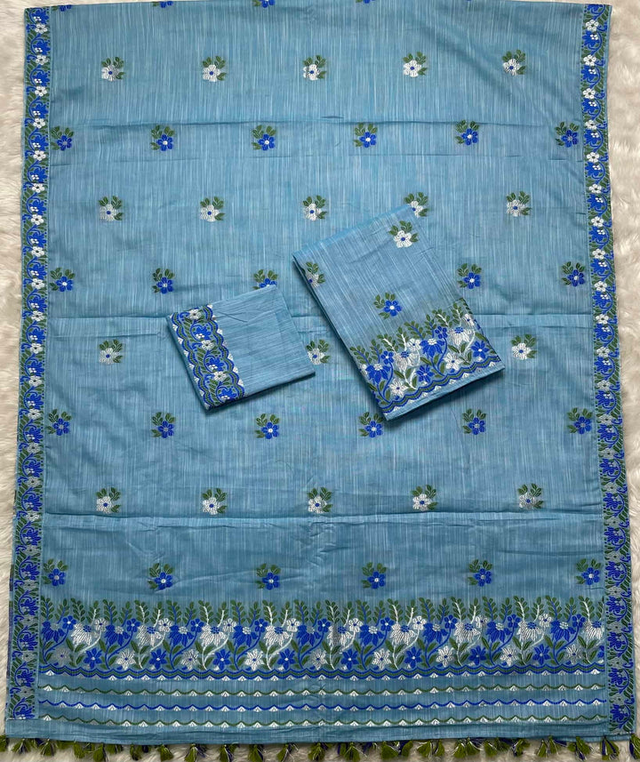 Ready-To-Wear Dhaga-Silver Jari Weaving Work Kesa Cotton* Mekhela Sador