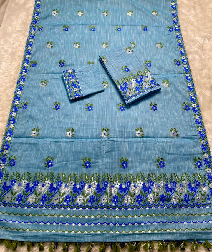 Ready-To-Wear Dhaga-Silver Jari Weaving Work Kesa Cotton* Mekhela Sador