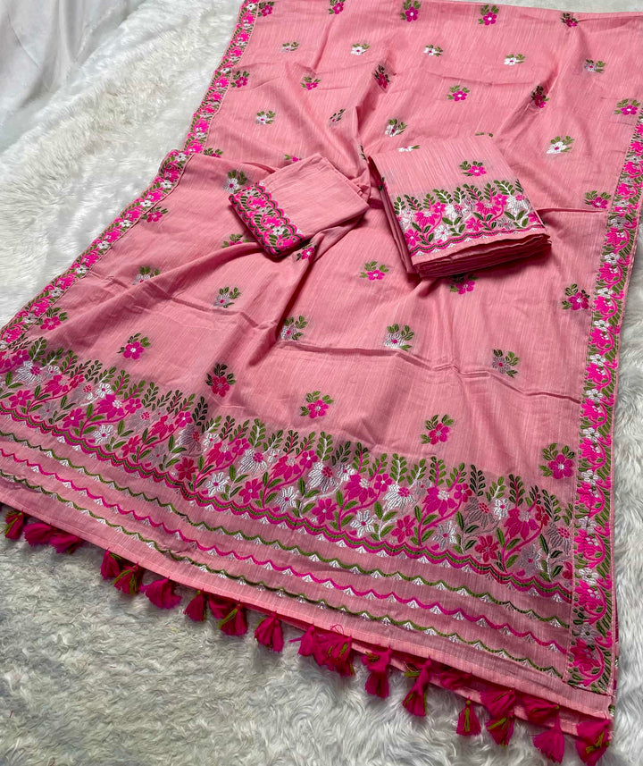 Ready-To-Wear Dhaga-Silver Jari Weaving Work Kesa Cotton* Mekhela Sador