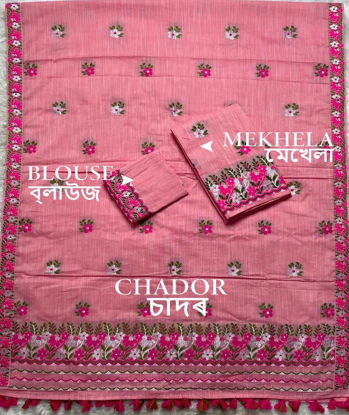 Ready-To-Wear Dhaga-Silver Jari Weaving Work Kesa Cotton* Mekhela Sador