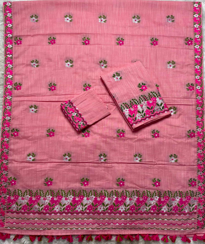 Ready-To-Wear Dhaga-Silver Jari Weaving Work Kesa Cotton* Mekhela Sador