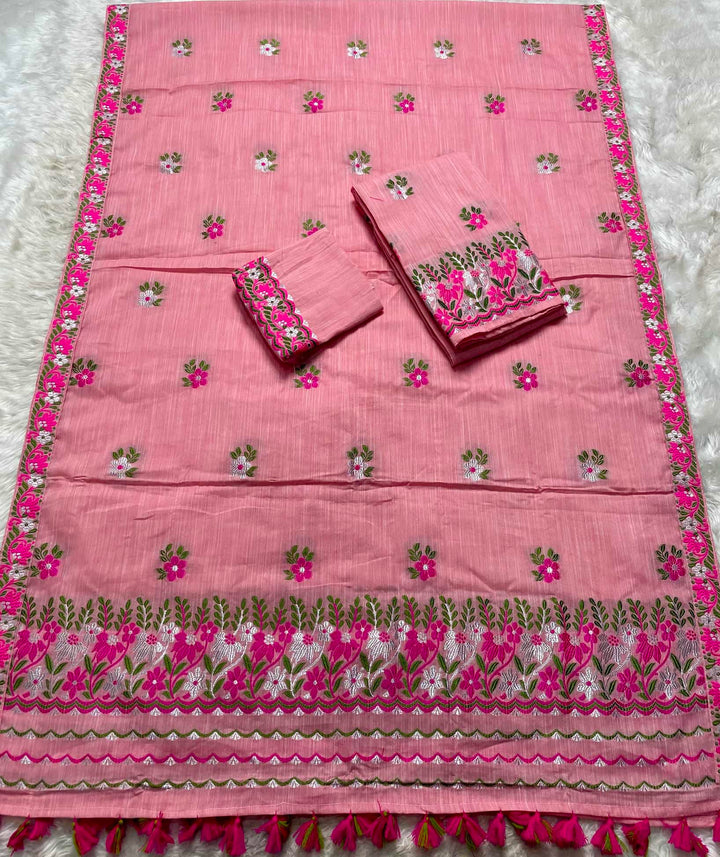Ready-To-Wear Dhaga-Silver Jari Weaving Work Kesa Cotton* Mekhela Sador