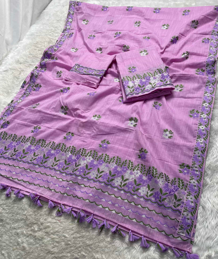Ready-To-Wear Dhaga-Silver Jari Weaving Work Kesa Cotton* Mekhela Sador