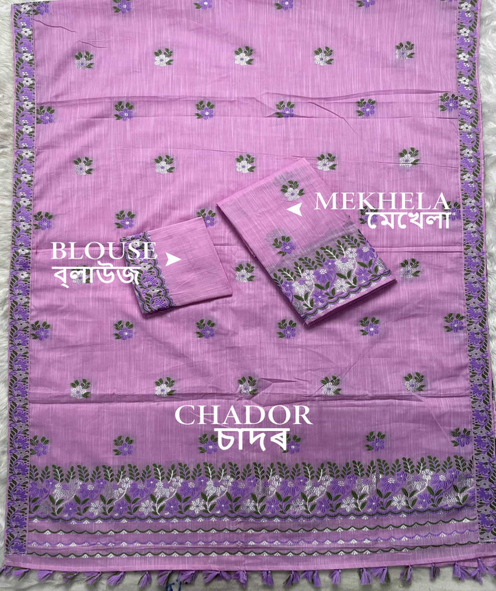 Ready-To-Wear Dhaga-Silver Jari Weaving Work Kesa Cotton* Mekhela Sador