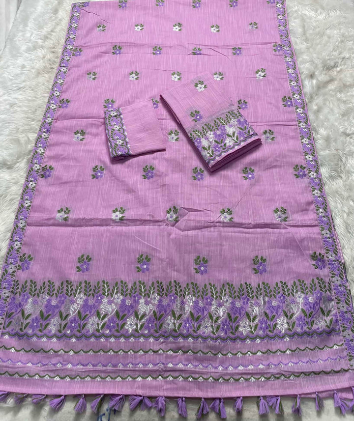 Ready-To-Wear Dhaga-Silver Jari Weaving Work Kesa Cotton* Mekhela Sador
