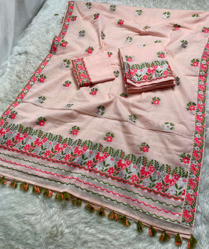 Ready-To-Wear Dhaga-Silver Jari Weaving Work Kesa Cotton* Mekhela Sador