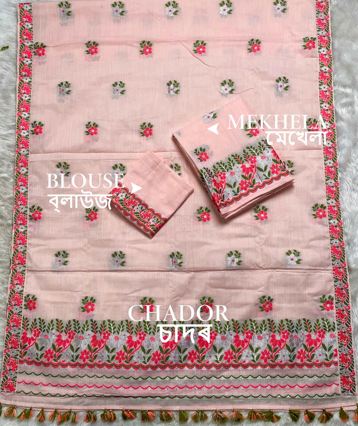 Ready-To-Wear Dhaga-Silver Jari Weaving Work Kesa Cotton* Mekhela Sador