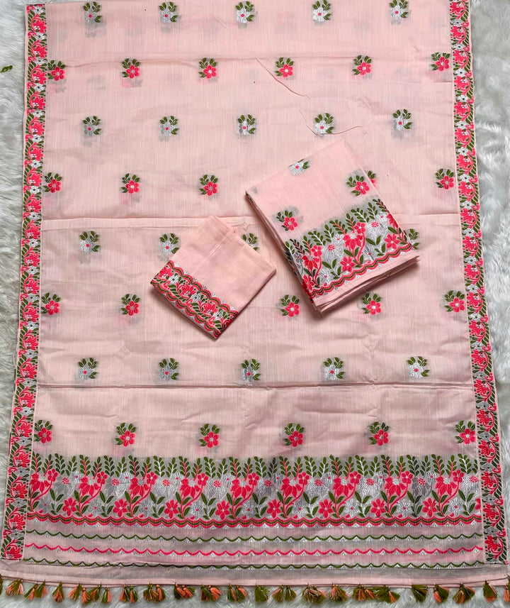 Ready-To-Wear Dhaga-Silver Jari Weaving Work Kesa Cotton* Mekhela Sador