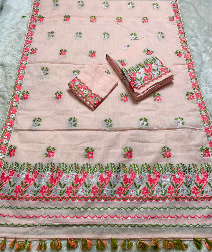 Ready-To-Wear Dhaga-Silver Jari Weaving Work Kesa Cotton* Mekhela Sador