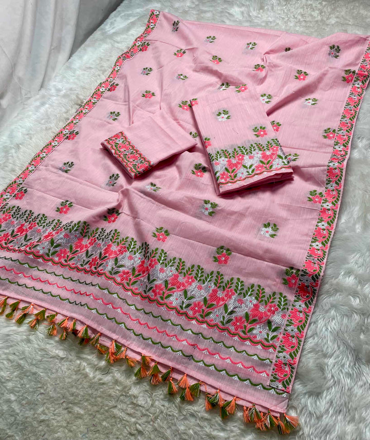 Ready-To-Wear Dhaga-Silver Jari Weaving Work Kesa Cotton* Mekhela Sador
