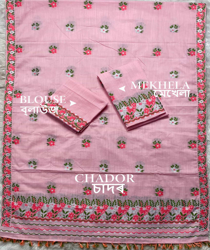 Ready-To-Wear Dhaga-Silver Jari Weaving Work Kesa Cotton* Mekhela Sador