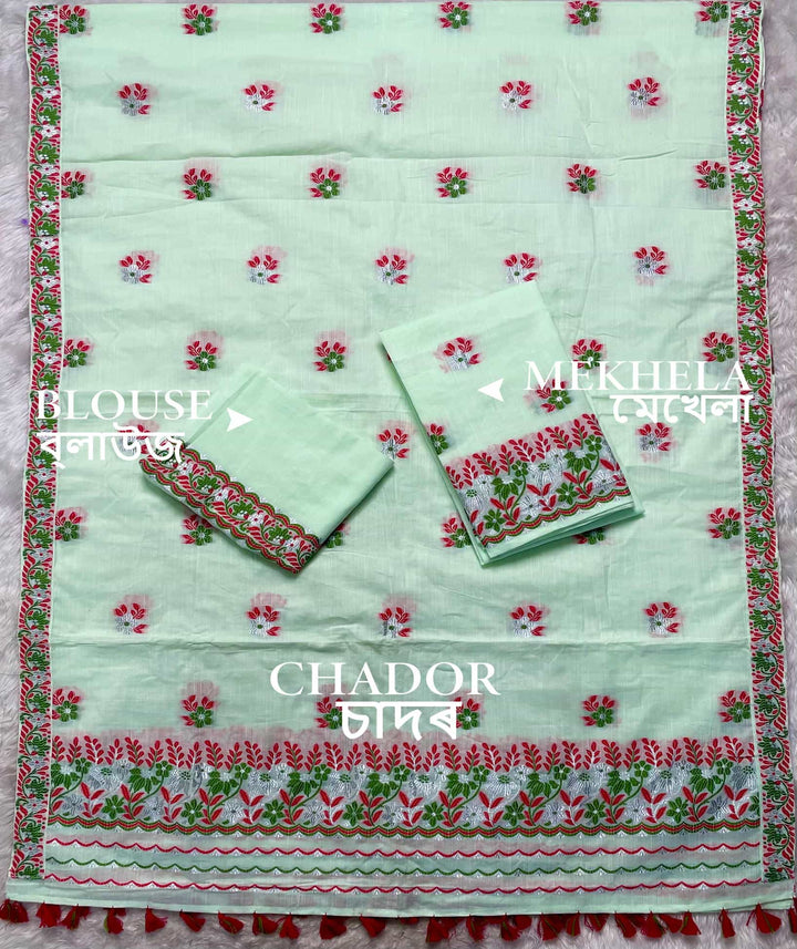 Ready-To-Wear Dhaga-Silver Jari Weaving Work Kesa Cotton* Mekhela Sador