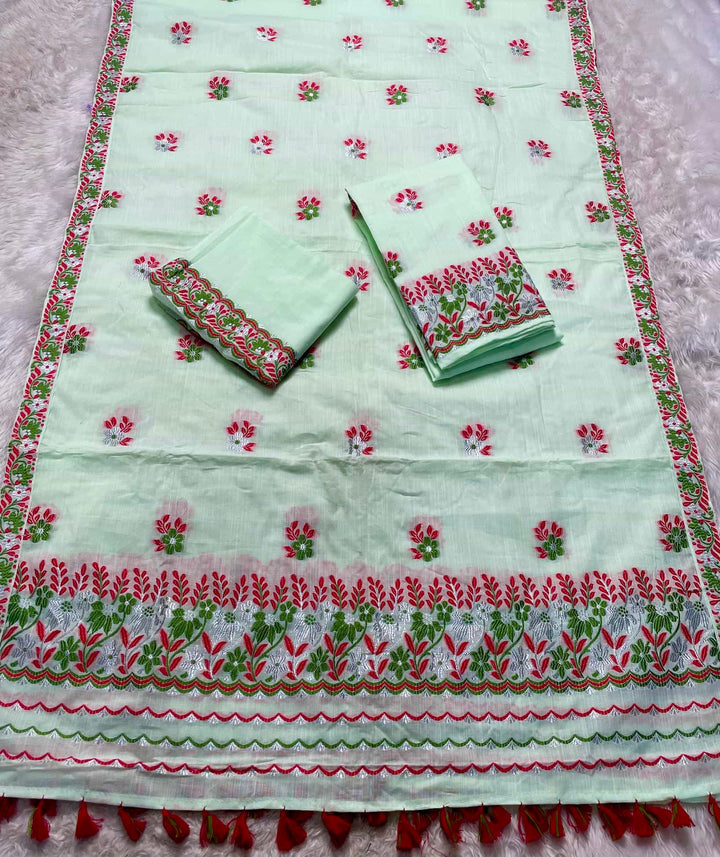 Ready-To-Wear Dhaga-Silver Jari Weaving Work Kesa Cotton* Mekhela Sador