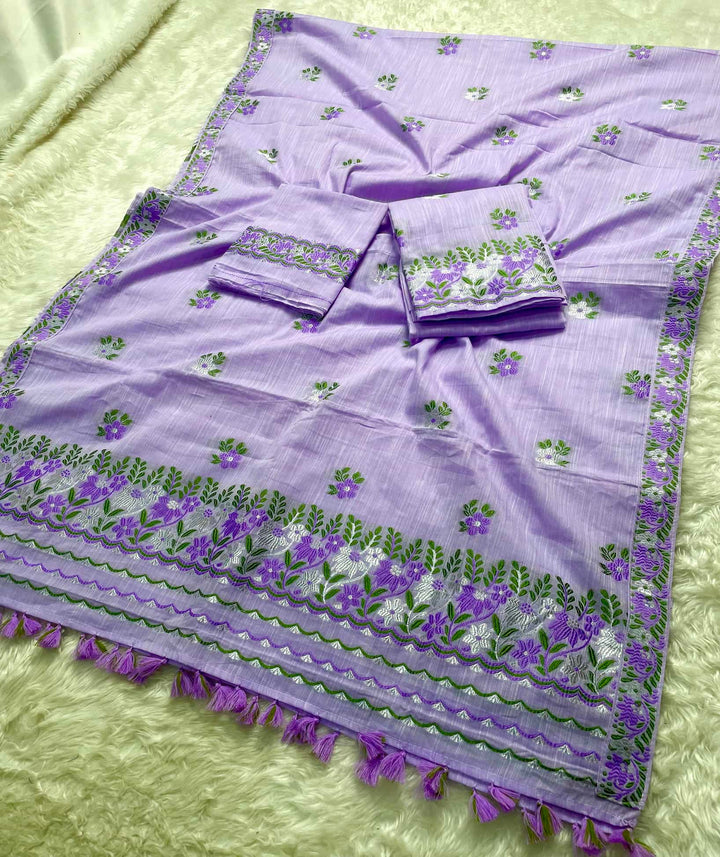 Ready-To-Wear Dhaga-Silver Jari Weaving Work Kesa Cotton* Mekhela Sador